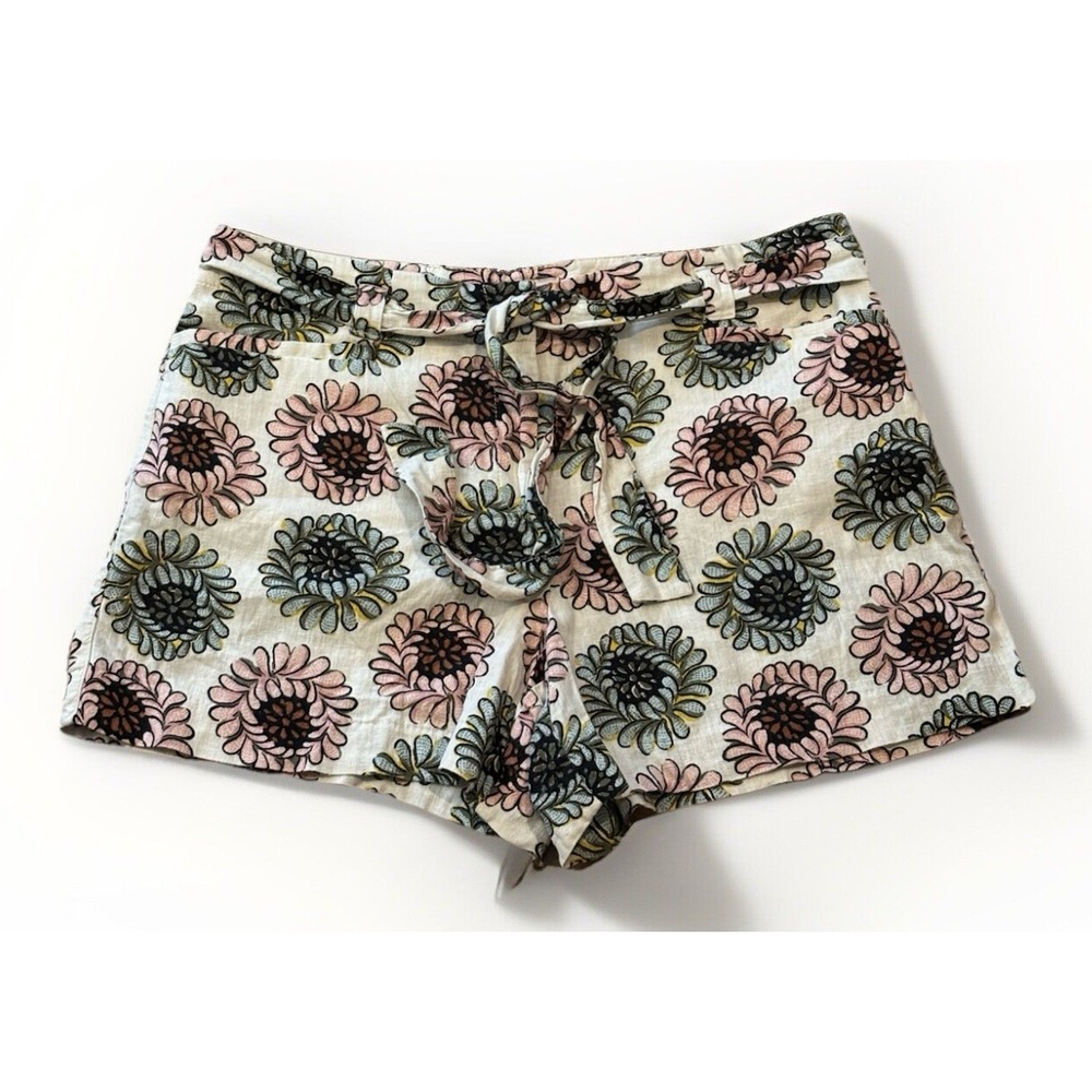 Size 10 LOFT Waist Short Ivory Pink Blue Floral Linen Blend Belted Chino Daisy